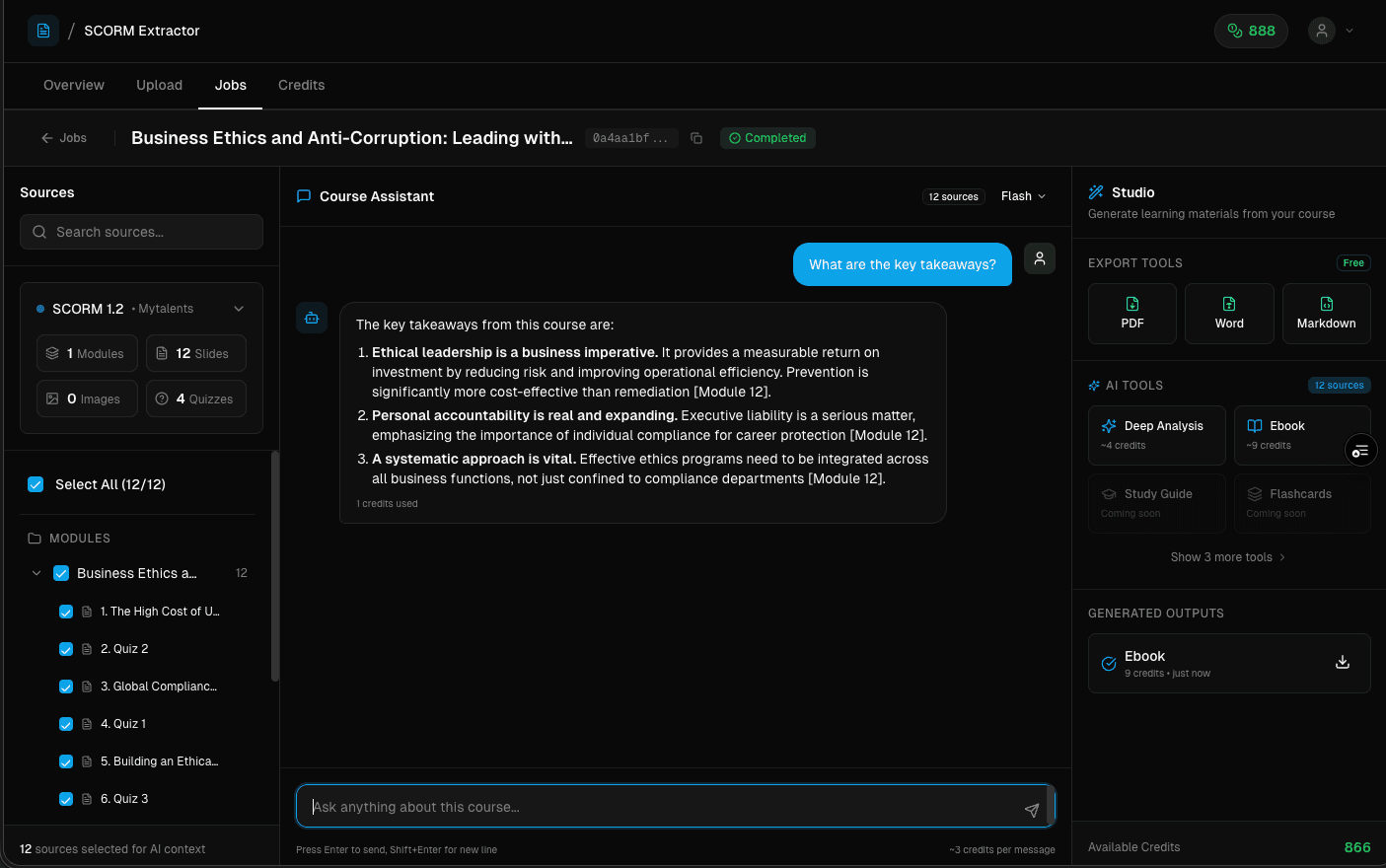 SCORM Converter Dashboard - AI Chat with your courses, export to PDF, Word, Markdown
